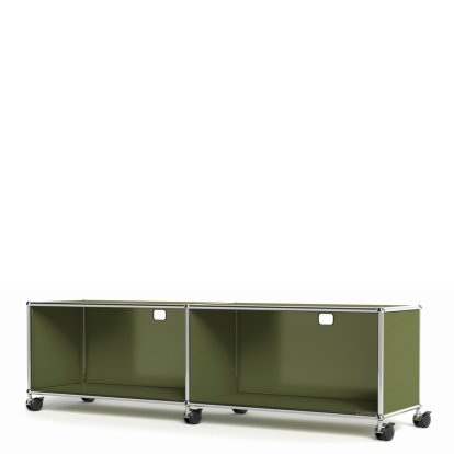 USM Haller TV-/HiFi-Lowboard, individualisierbar, Olivgrün RAL 6003, Offen, Mit Kabeldurchlass oben mittig