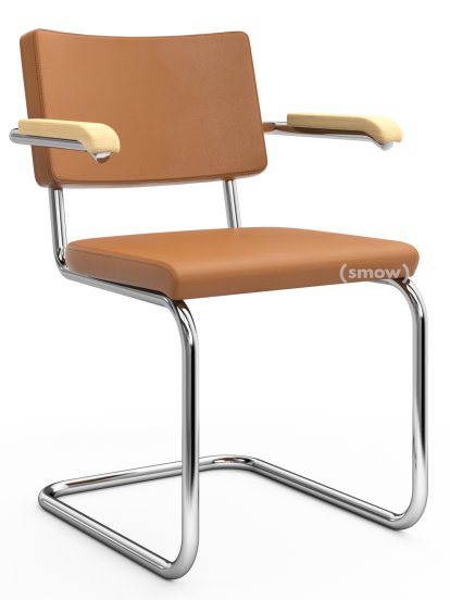 S 64 PV Pure Materials Freischwinger, Nappaleder cognac, Esche, Verchromt, Kunststoffgleiter schwarz mit Filz