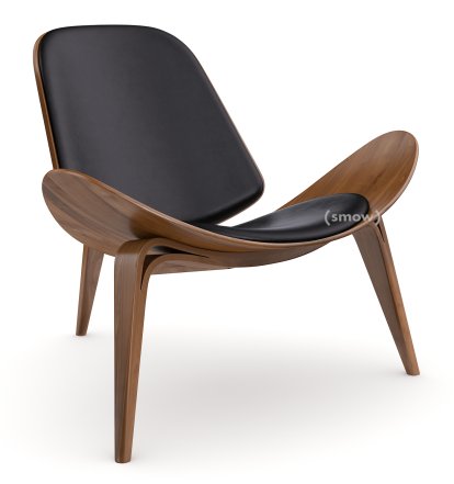 CH07 Shell Stuhl, Nussbaum klar lackiert, Leder schwarz