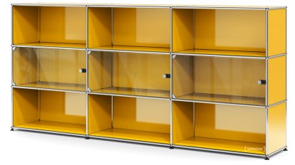 USM Haller Highboard XL mit 3 Glastüren, ohne Schloss, Goldgelb RAL 1004