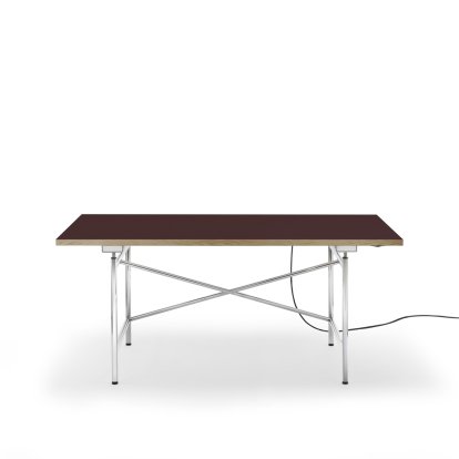 Eiermann 1 E Tisch (Elektrische Höhenverstellung), Linoleum burgundy (Forbo 4154) mit Eichekante, 160 x 80 cm, Chrom, Mit Kabelkanal
