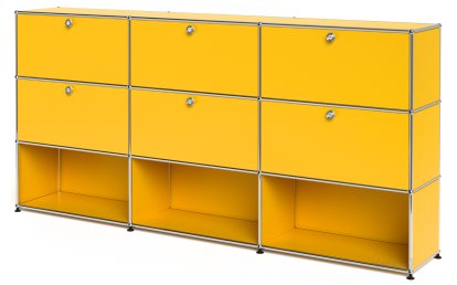 USM Haller Highboard XL, individualisierbar, Goldgelb RAL 1004, Mit 3 Klappen, Mit 3 Klappen, Offen