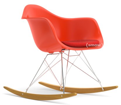 Eames Plastic Armchair RE RAR mit Polsterung, Poppy Red, Mit Sitzpolster, Koralle / Poppy red, Ohne Keder, Verchromt/Ahorn gelblich