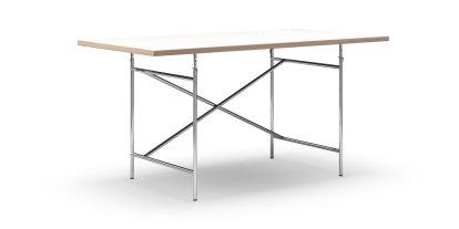Eiermann Tisch, Melamin weiß mit Eichekante, 160 x 80 cm, Chrom, senkrecht, versetzt (Eiermann 2), 100 x 66 cm