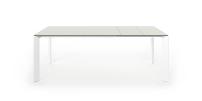 Nori Esstisch, Laminat sandgrau, L 139-214 x B 90 cm, Aluminium weiß lackiert