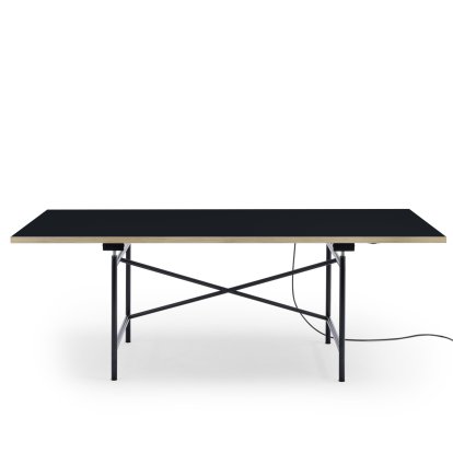 Eiermann 1 E Tisch (Elektrische Höhenverstellung), Linoleum nero (Forbo 4023) mit Eichekante, 200 x 90 cm, Schwarz, Mit Kabelkanal
