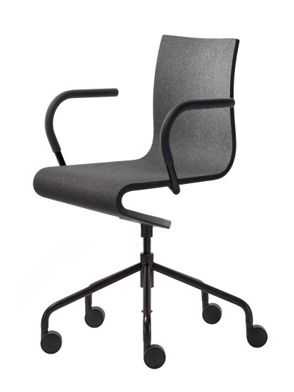 Arbeitsstuhl Seesaw, Schwarz, mit Spindel, Mit Armlehnen, farbgleich Untergestell, Esche schwarz mit Filz anthrazit