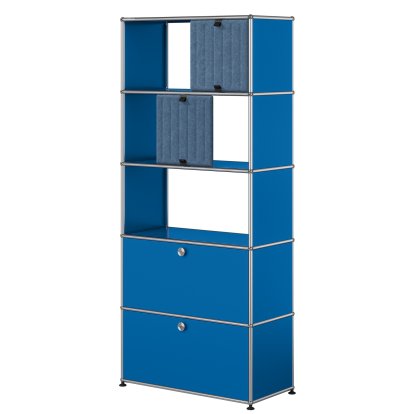 USM Haller Aktenregal mit 2 Klappen, oben ohne Rückwände mit zwei USM Haller Soft Panels, vertikal, Enzianblau RAL 5010, Blau / Hellblau