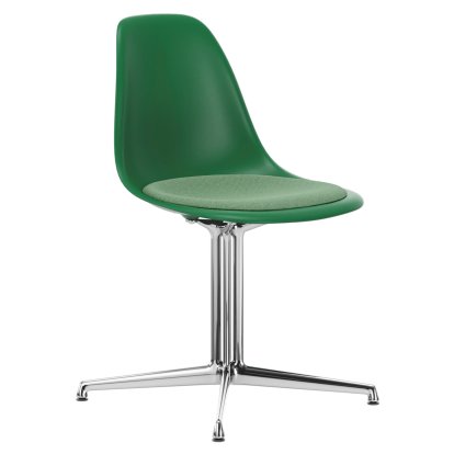 Eames Plastic Side Chair DSL, Smaragd, Mit Sitzpolster, Grün / elfenbein, Aluminium poliert