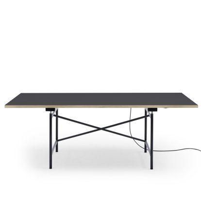Eiermann 1 E Tisch (Elektrische Höhenverstellung), Linoleum charcoal (Forbo 4166) mit Eichekante, 200 x 90 cm, Schwarz, Mit Kabelkanal