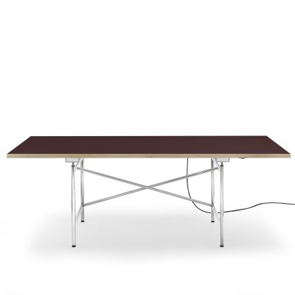 Eiermann 1 E Tisch (Elektrische Höhenverstellung), Linoleum burgundy (Forbo 4154) mit Eichekante, 200 x 90 cm, Chrom, Ohne Kabelkanal