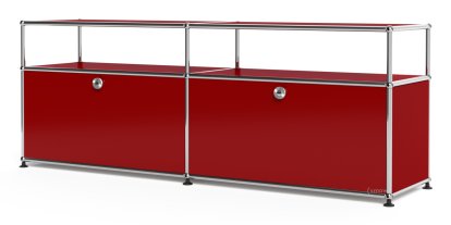 USM Haller Lowboard L mit Aufbau, individualisierbar, USM rubinrot, Mit 2 Klappen, Ohne Kabeldurchlass