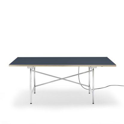 Eiermann 1 E Tisch (Elektrische Höhenverstellung), Linoleum smokey blue (Forbo 4179) mit Eichekante, 180 x 90 cm, Chrom, Mit Kabelkanal