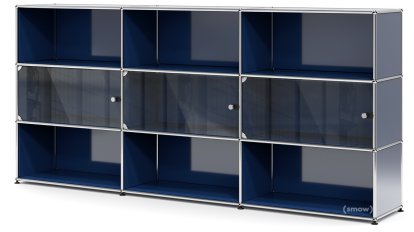 USM Haller Highboard XL mit 3 Glastüren, ohne Schloss, Stahlblau RAL 5011