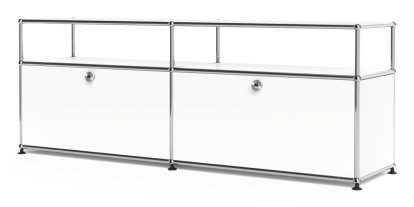 USM Haller Lowboard L mit Aufbau, individualisierbar, Reinweiß RAL 9010, Mit 2 Klappen, Mit Kabeldurchlass unten mittig
