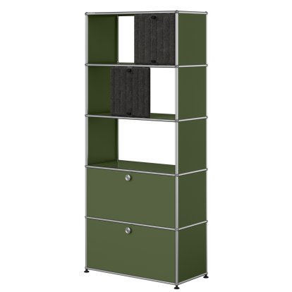 USM Haller Aktenregal mit 2 Klappen, oben ohne Rückwände mit zwei USM Haller Soft Panels, vertikal, Olivgrün RAL 6003, Dunkelgrau / Grau