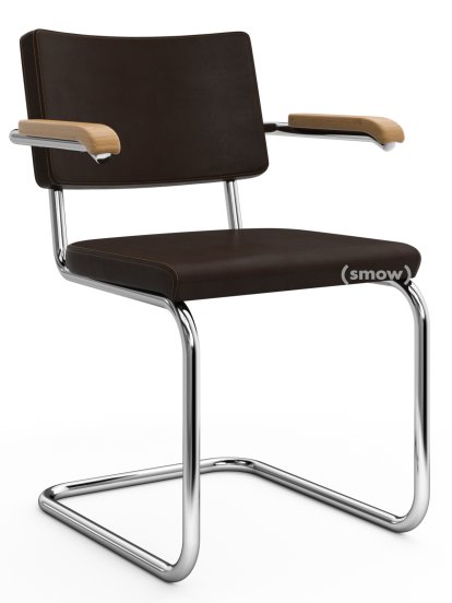 S 64 PV Pure Materials Freischwinger, Nappaleder dunkelbraun, Eiche, Verchromt, Kunststoffgleiter schwarz mit Filz