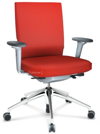 ID Soft, FlowMotion-mit Vorwärtsneigung, mit Sitztiefenverstellung, Mit 3D-Armlehnen, 5-Stern Untergestell, Aluminium poliert, Soft grey, Sitz und Rücken Plano, Poppy red, Hart für Teppichboden