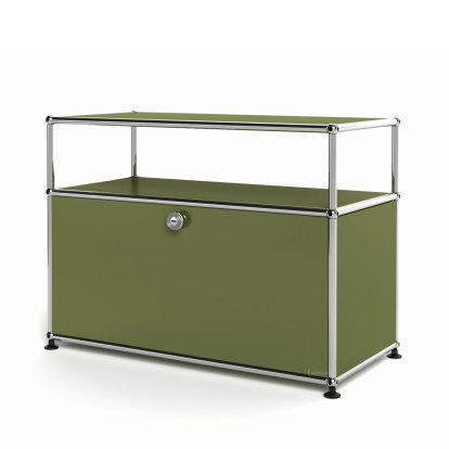 USM Haller Lowboard M mit Aufbau, individualisierbar, Olivgrün RAL 6003, Mit Klappe, Ohne Kabeldurchlass