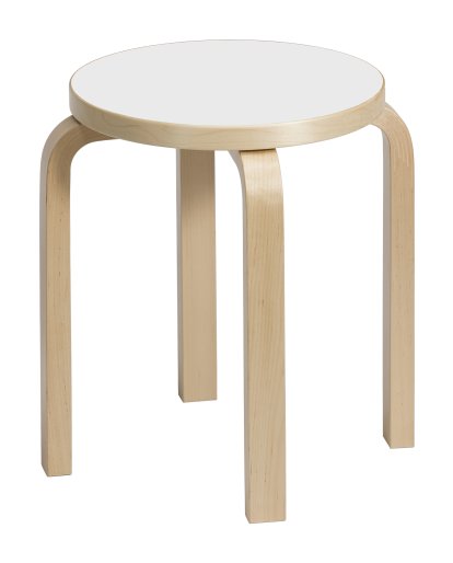 Hocker E60, Sitz Laminat weiß, Beine Birke klar lackiert
