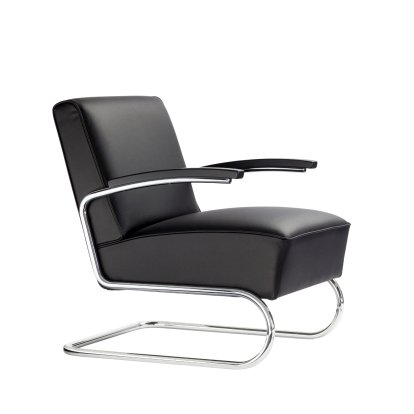 S 411 Freischwinger-Sessel, Leder nero, Verchromt, Ohne Fußhocker, Ohne Gleiter