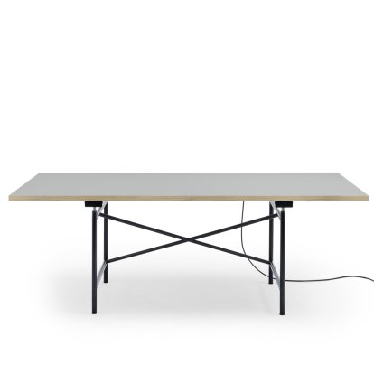Eiermann 1 E Tisch (Elektrische Höhenverstellung), Linoleum ash (Forbo 4132) mit Eichekante, 200 x 90 cm, Schwarz, Mit Kabelkanal