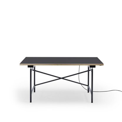 Eiermann 1 E Tisch (Elektrische Höhenverstellung), Linoleum charcoal (Forbo 4166) mit Eichekante, 140 x 80 cm, Schwarz, Mit Kabelkanal