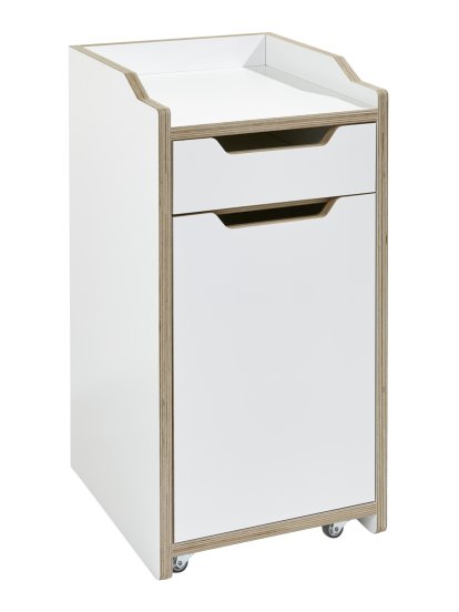 Plane Rollcontainer, Mit Tür, Scharnier rechts, Melamin weiß mit Birkenkante