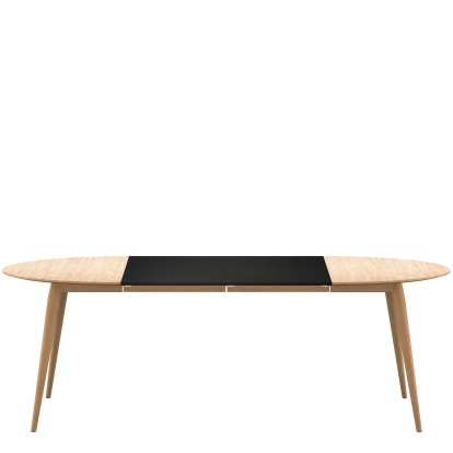 PLAYdinner Round Tisch, Eiche weiß geölt, Mit zwei Einlegeplatten (L 120-220 cm), MDF schwarz