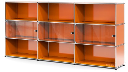 USM Haller Highboard XL mit 3 Glastüren, mit Schlossgriff, Reinorange RAL 2004